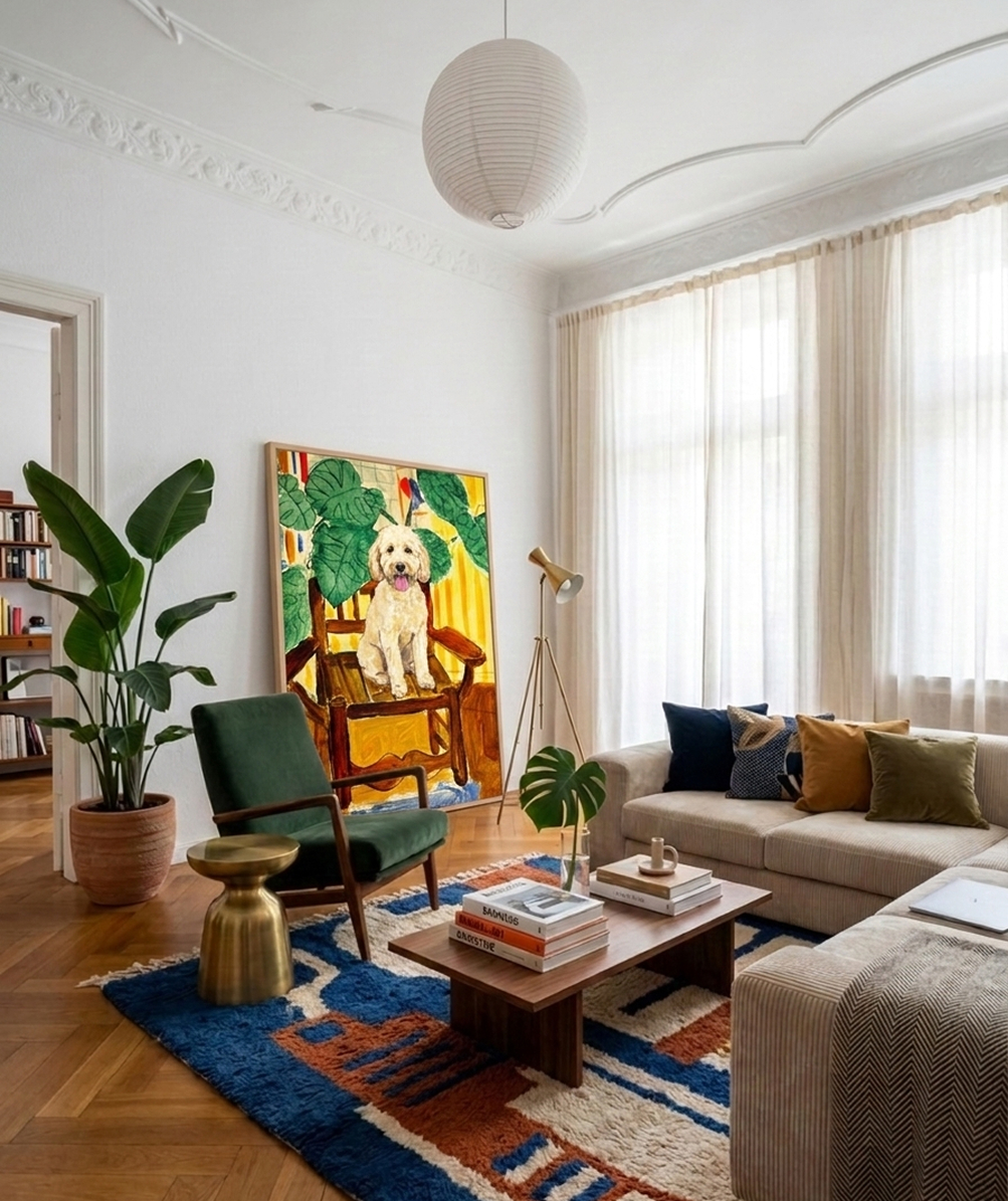 Impressionist pet portrait of a cat displayed in a modern living room