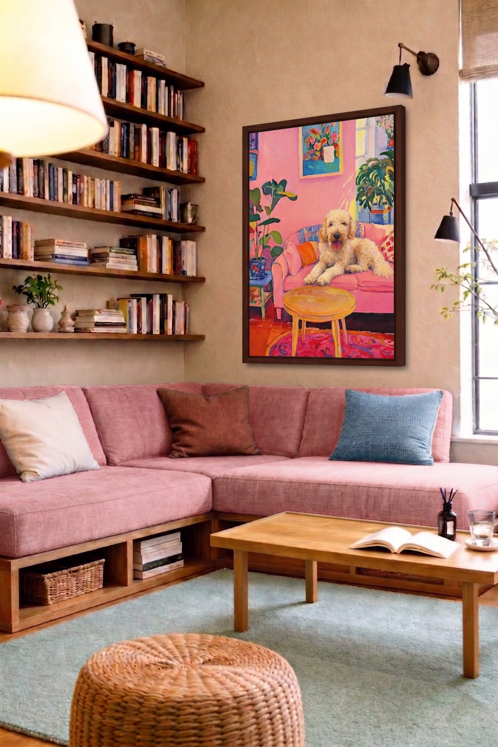 Pink Sofa impressionist pet portrait shown as framed wall art