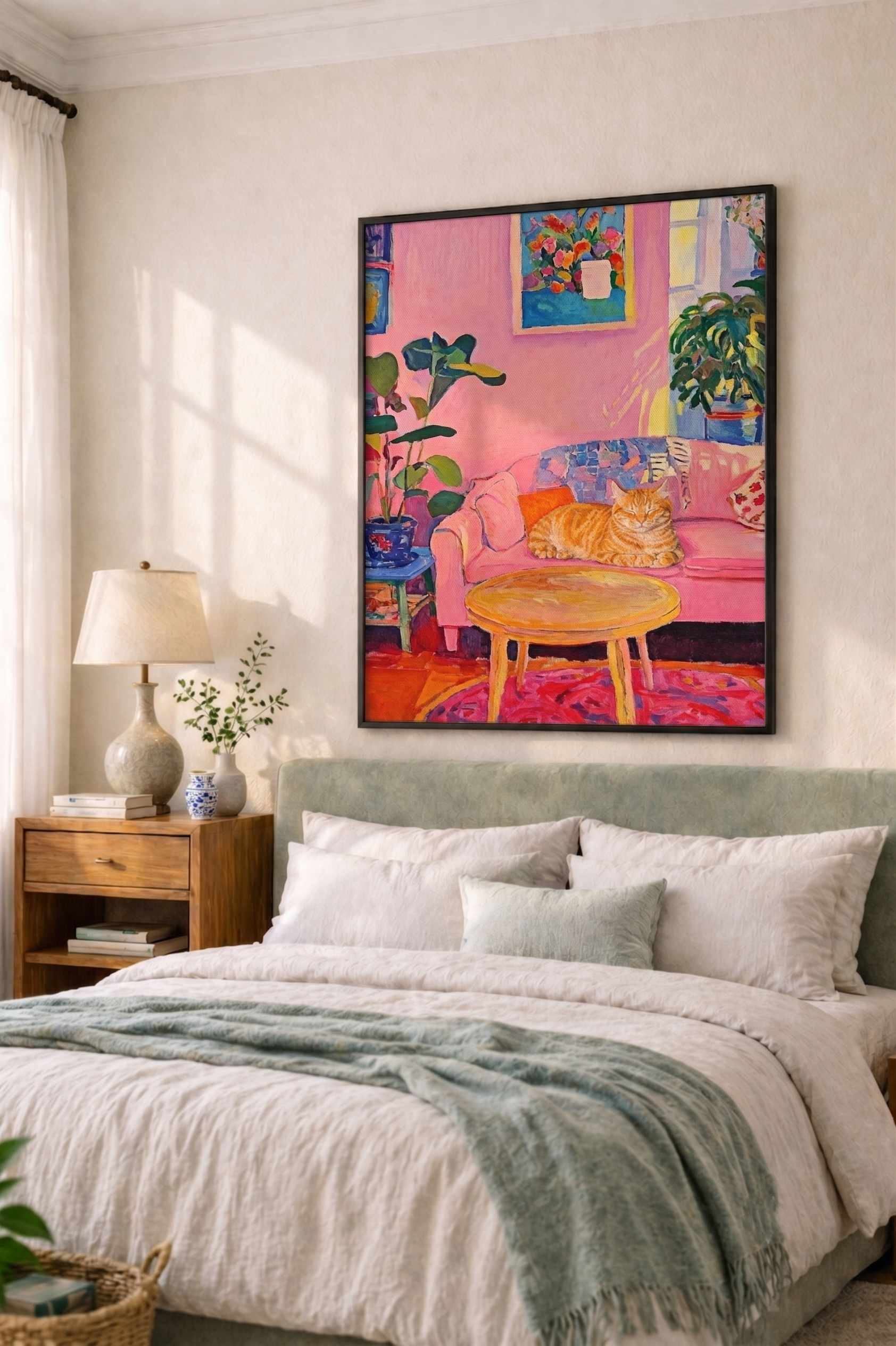 Pink Sofa pet portrait painting displayed in a modern living room