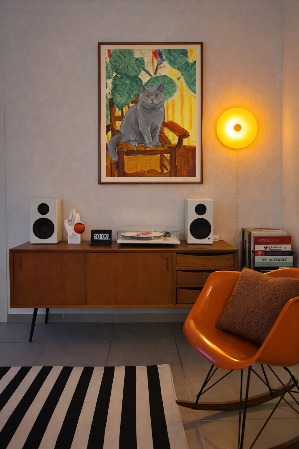 Pet portrait wall art in botanical interior with warm golden tones