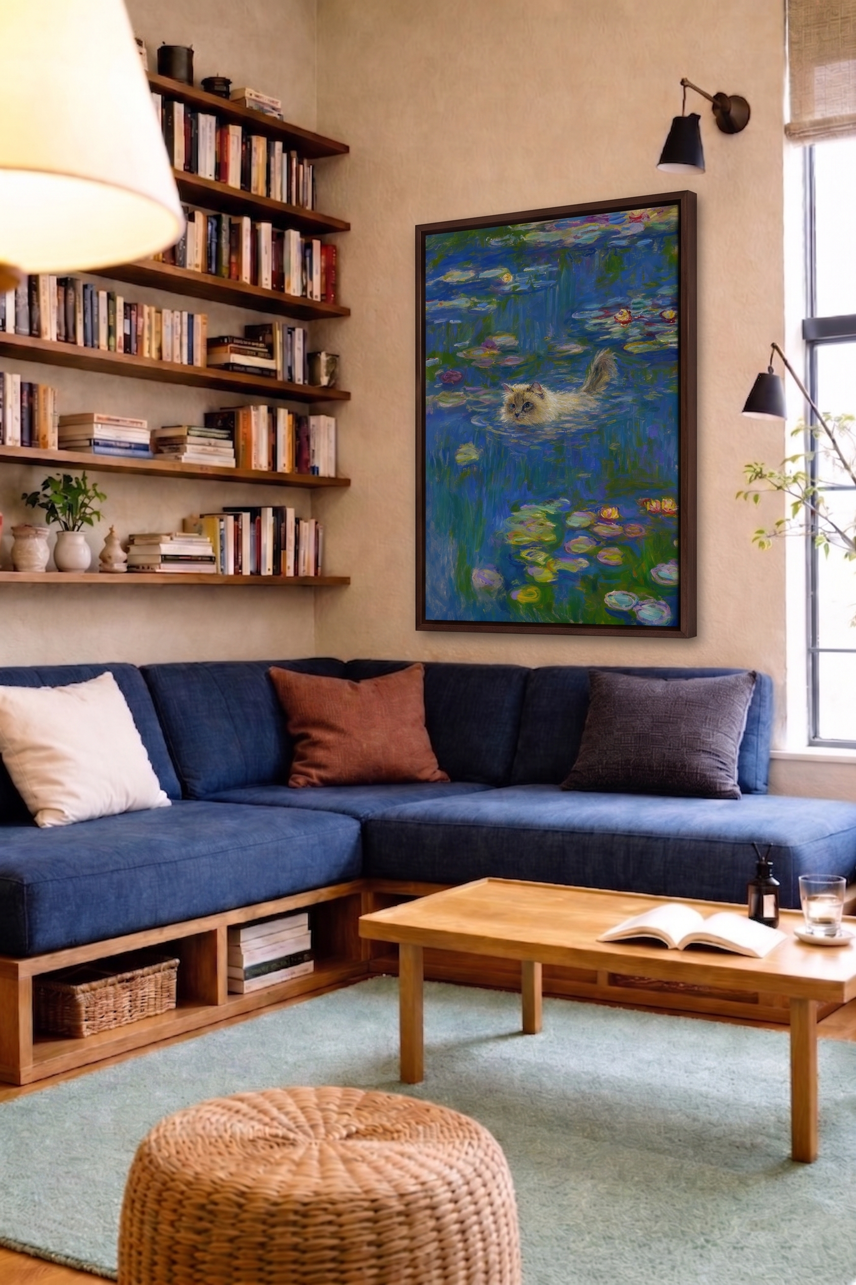 Water Lilies pet portrait painting displayed in a modern living room