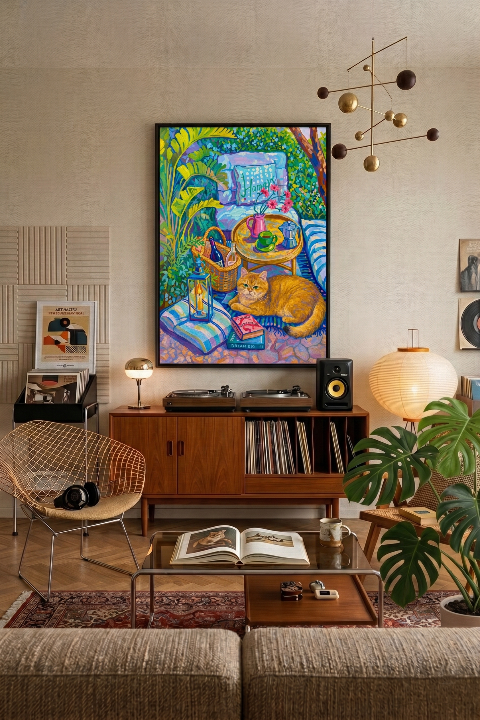 Custom pet portrait in the Afternoon Garden style displayed on a wall