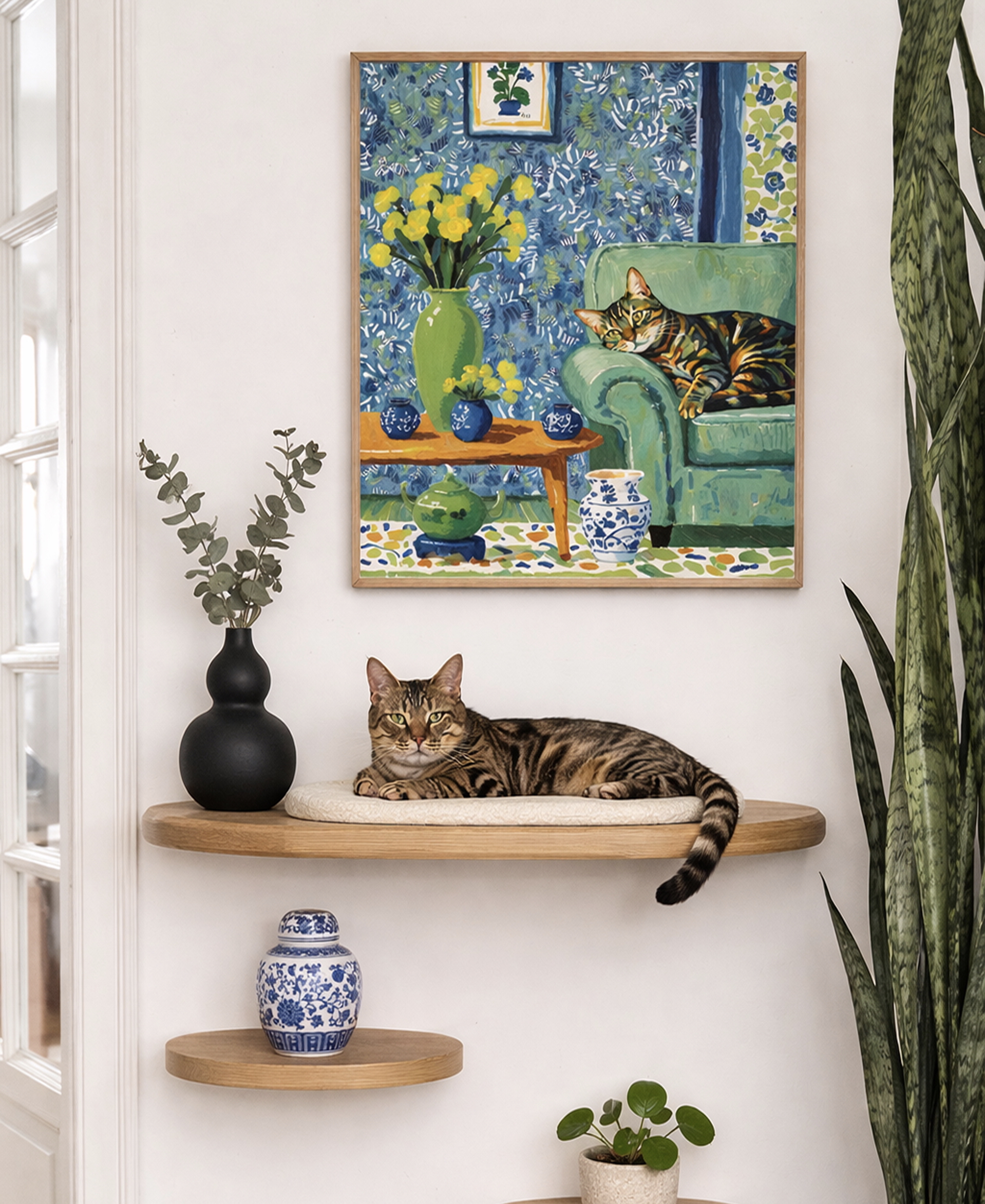 Custom pet portrait in The Art of Doing Nothing style displayed in a home
