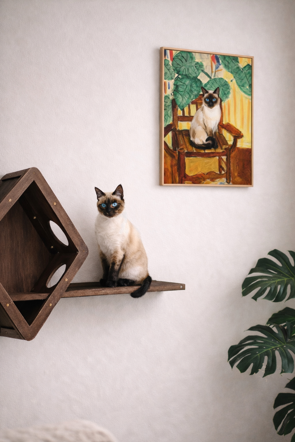 Custom dog portrait in warm impressionist style hanging above a sideboard