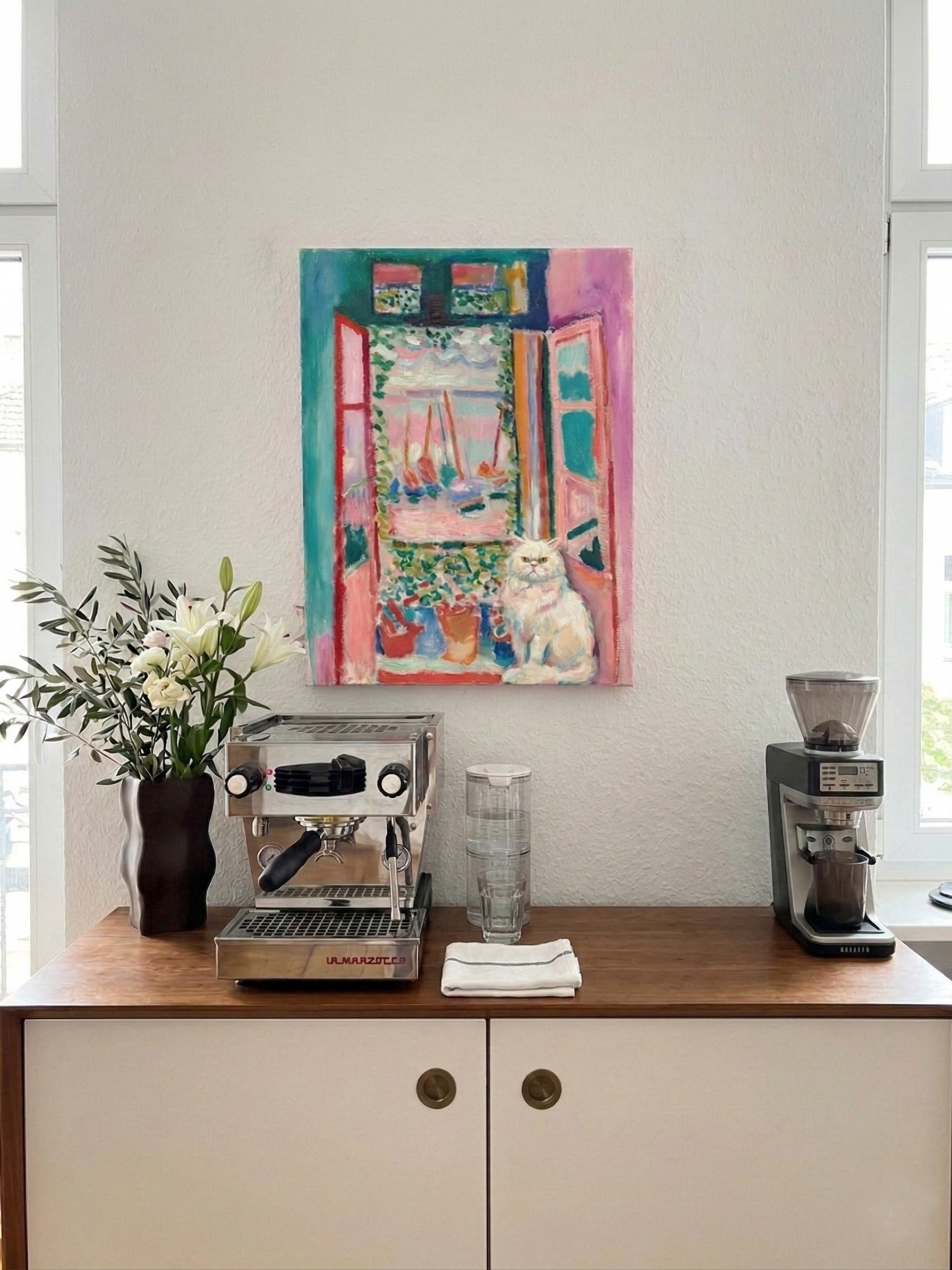 Mediterranean impressionist pet portrait displayed in a bright living room