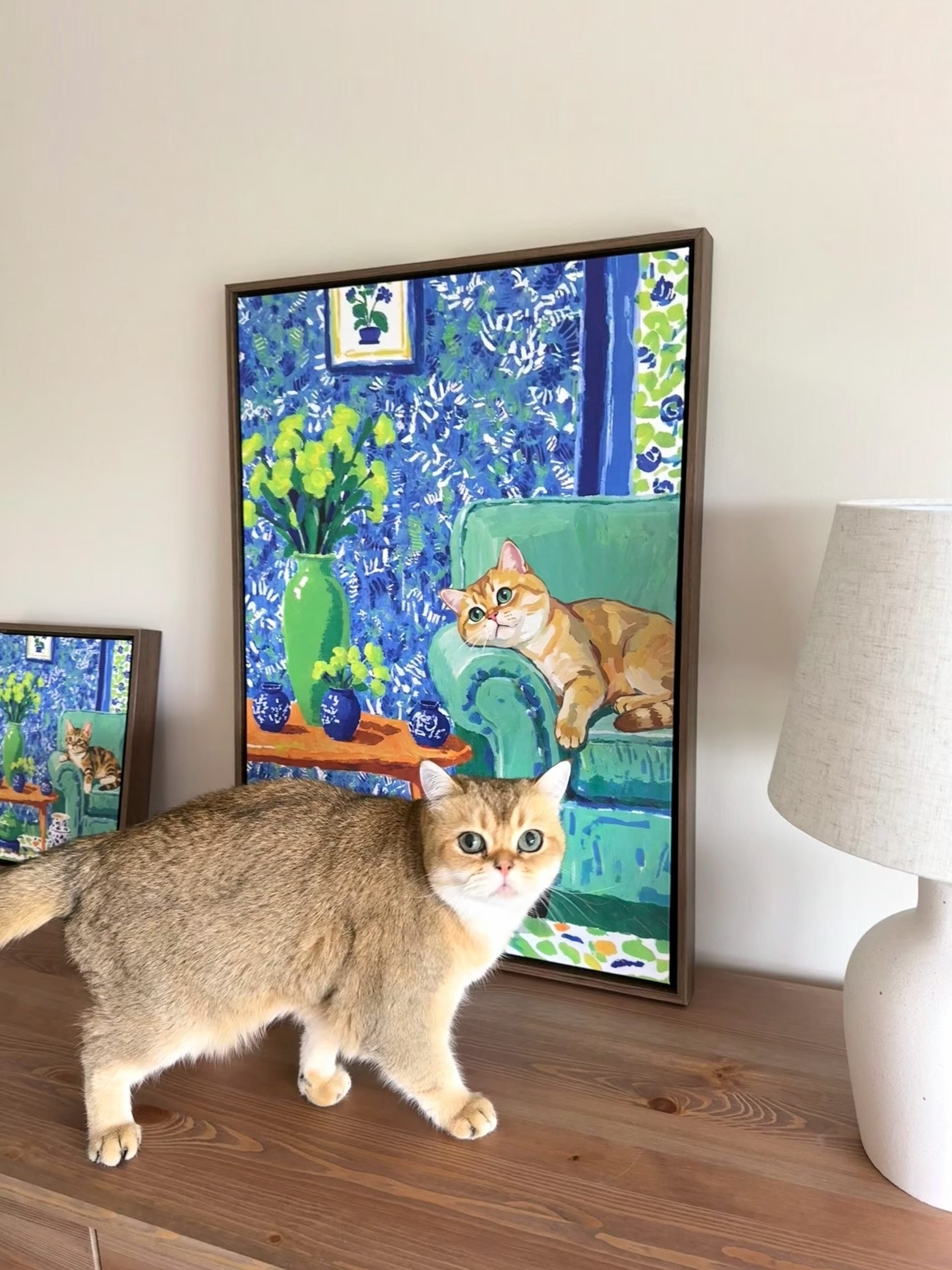 Custom pet portrait in The Art of Doing Nothing style displayed in a home