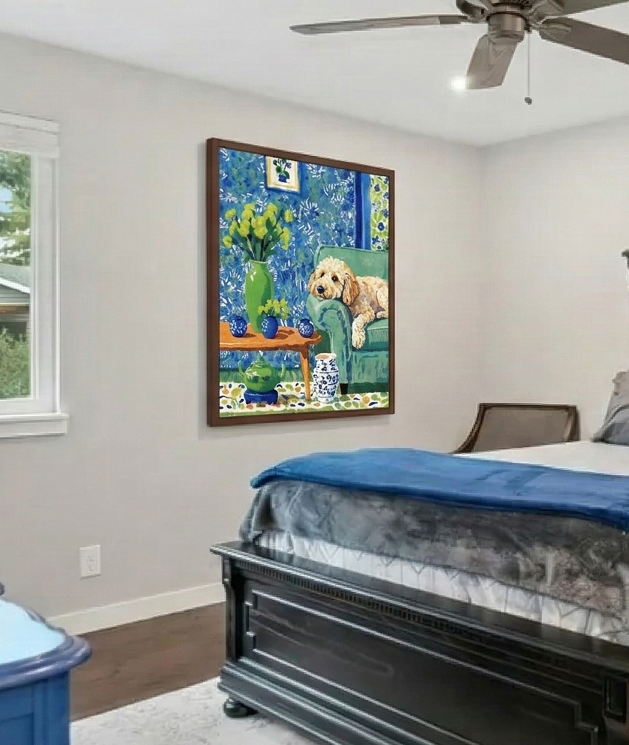 Custom cat portrait in chinoiserie style hanging in a modern home