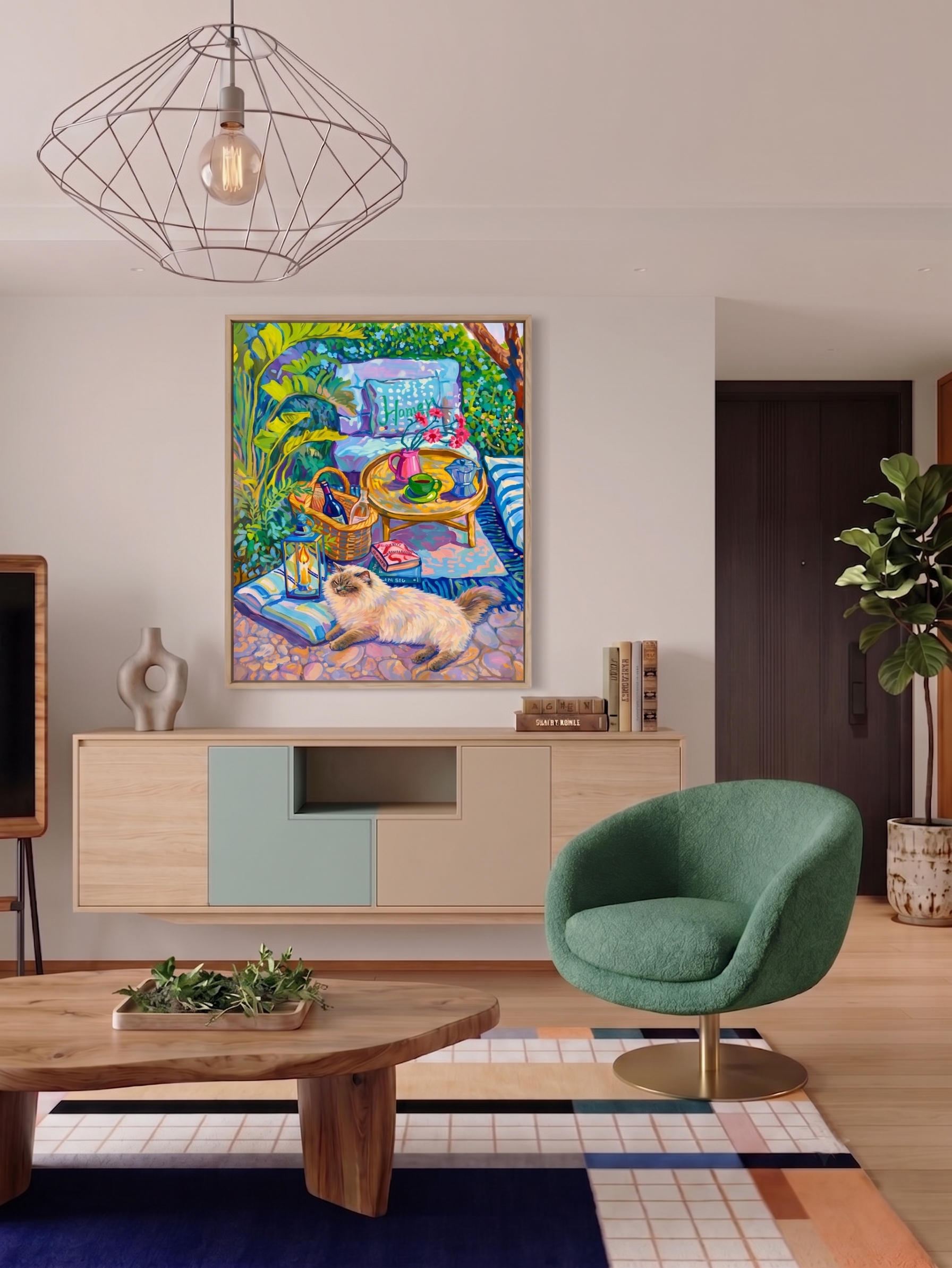 Afternoon Garden impressionist pet portrait shown as framed wall art
