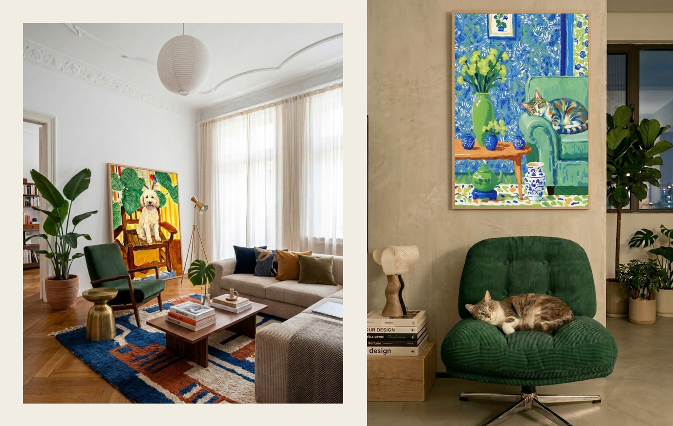 custom pet portrait, home decor pet art, pet portrait styles, interior design pet art