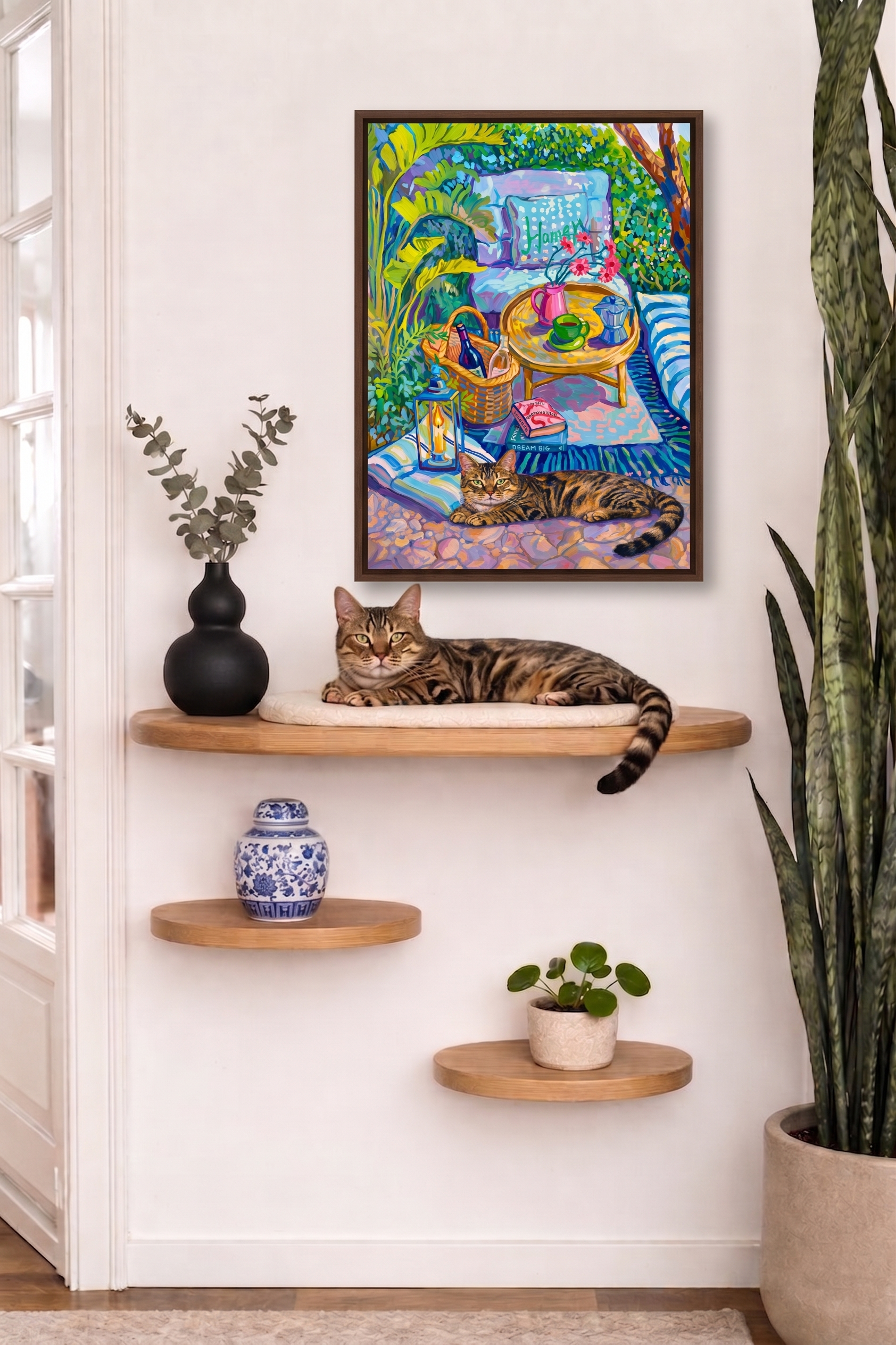 Afternoon Garden pet portrait painting displayed in a modern living room