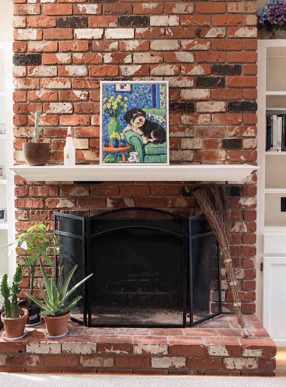 Blue-green impressionist pet portrait as living room wall decor