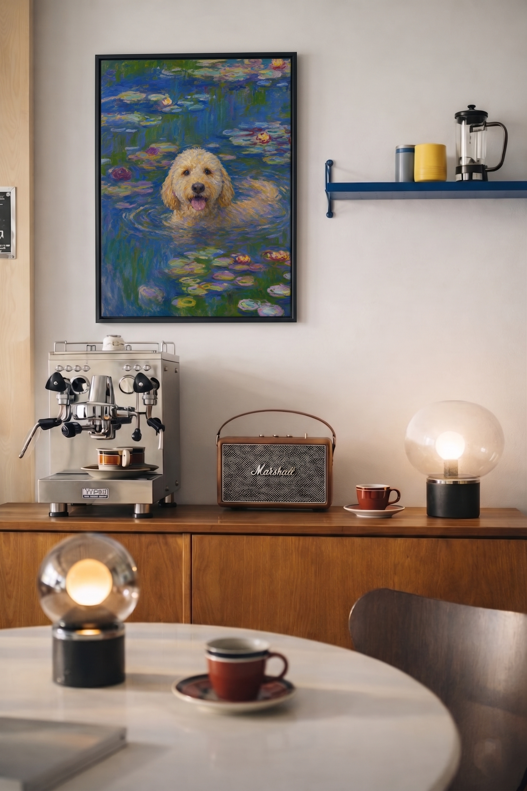 Custom pet portrait in the Monet-inspired Water Lilies style displayed on a wall