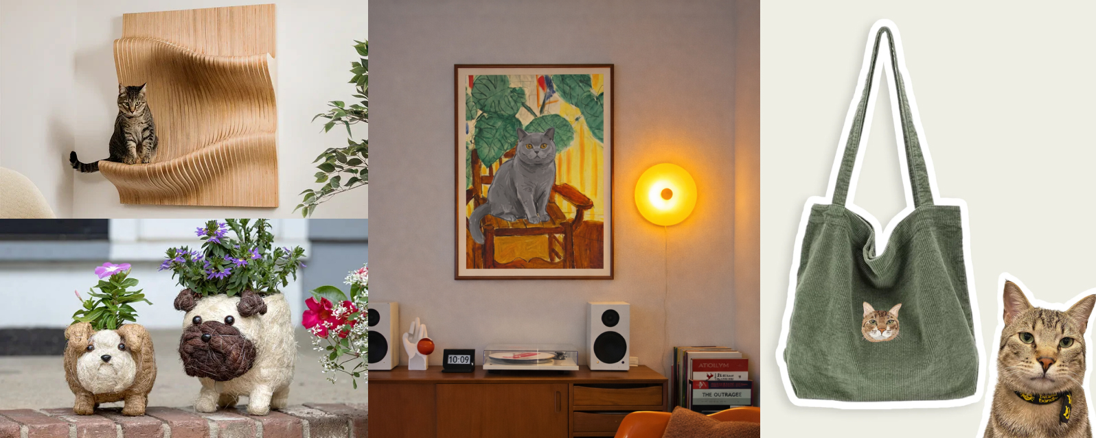 4 unique gifts for pet lovers 2026 - cat shelf, pet planter, custom pet portrait wall art, and embroidered tote bag