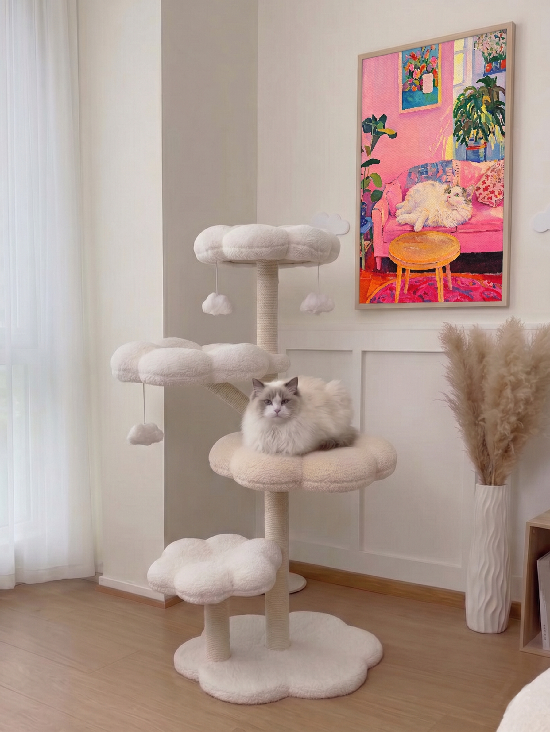 Custom pet portrait in the Pink Sofa style displayed on a wall