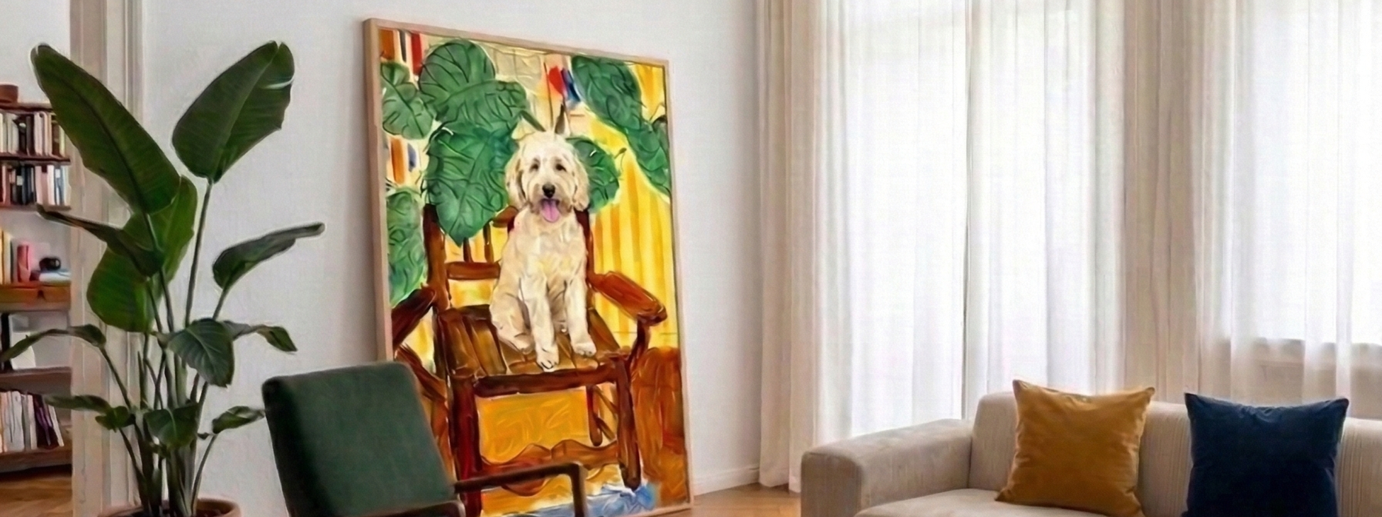 modern living room with framed pet portrait above sofa neutral interior decor