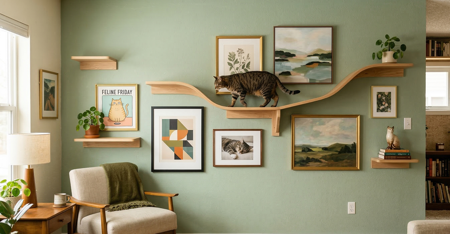 Creative cat wall decor ideas for cat lovers. Learn how to combine cat shelves, cat trees, and pet art to create a beautiful home that both you and your cat will love.